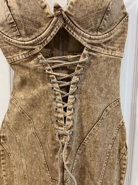 Fashion Nova Tan Washed Denim Jeans Jumpsuit NWT S